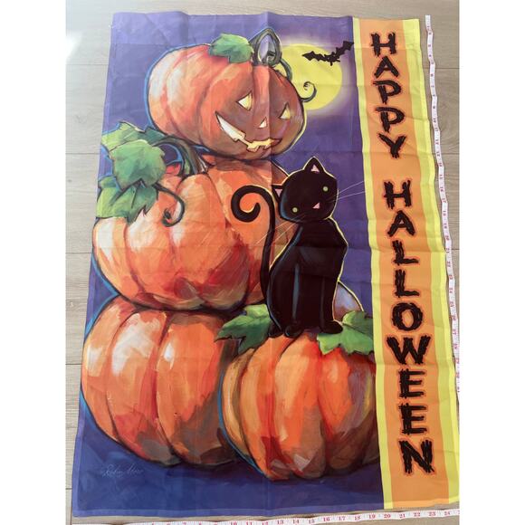 Vintage Outdoor Porch Flag Happy Halloween Pumpkin & Black Cat Jack-O-Lantern JL - Picture 2 of 7